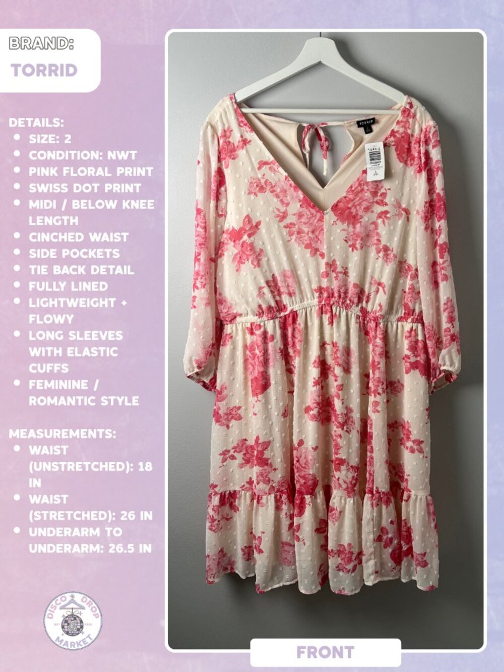 Pink Floral Swiss Dot Dress | Torrid Size 2 NWT